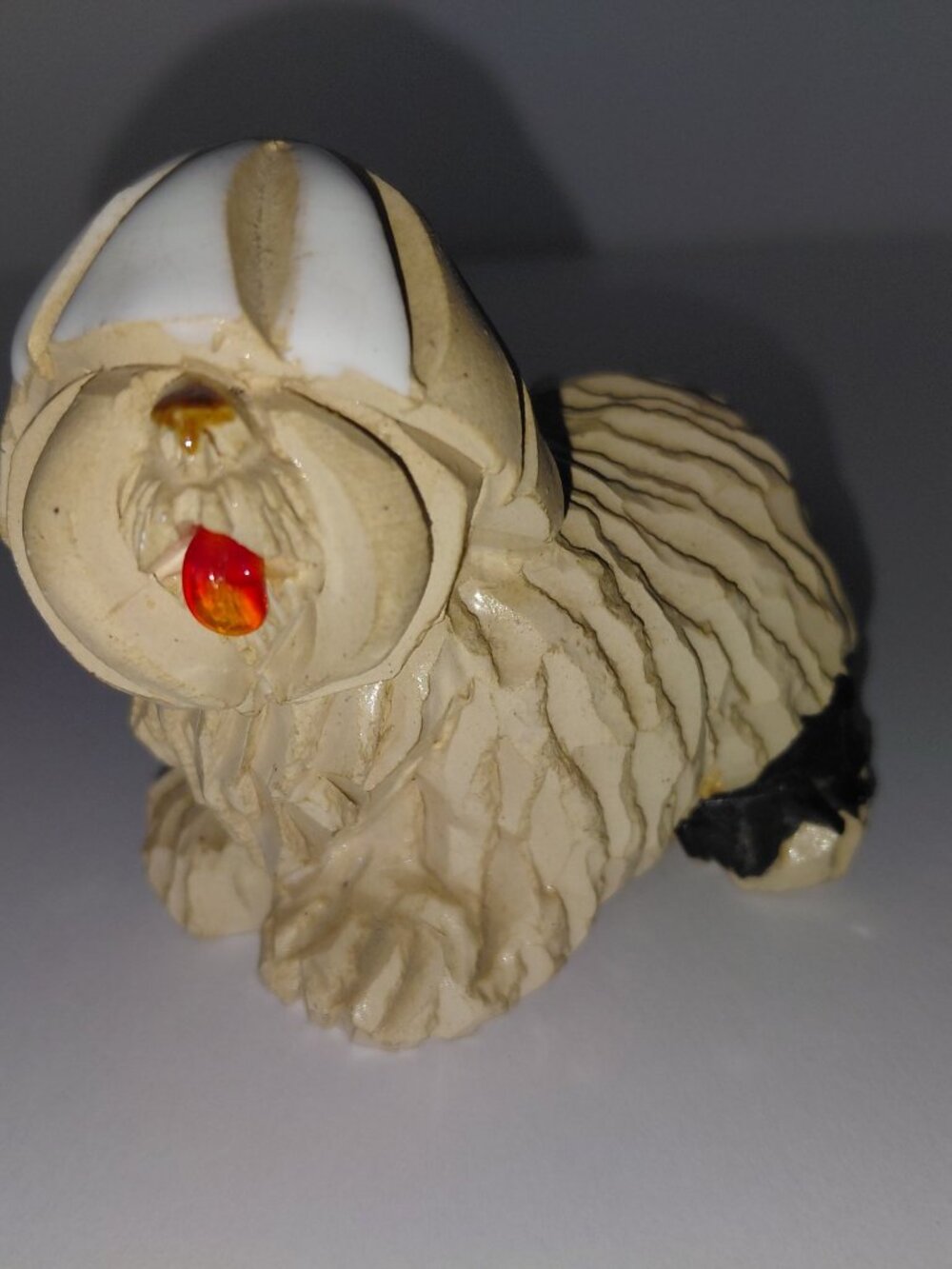 Artesania Rinconada Shaggy Sheepdog Figurine with Glass Eyes - Uruguay, Signed